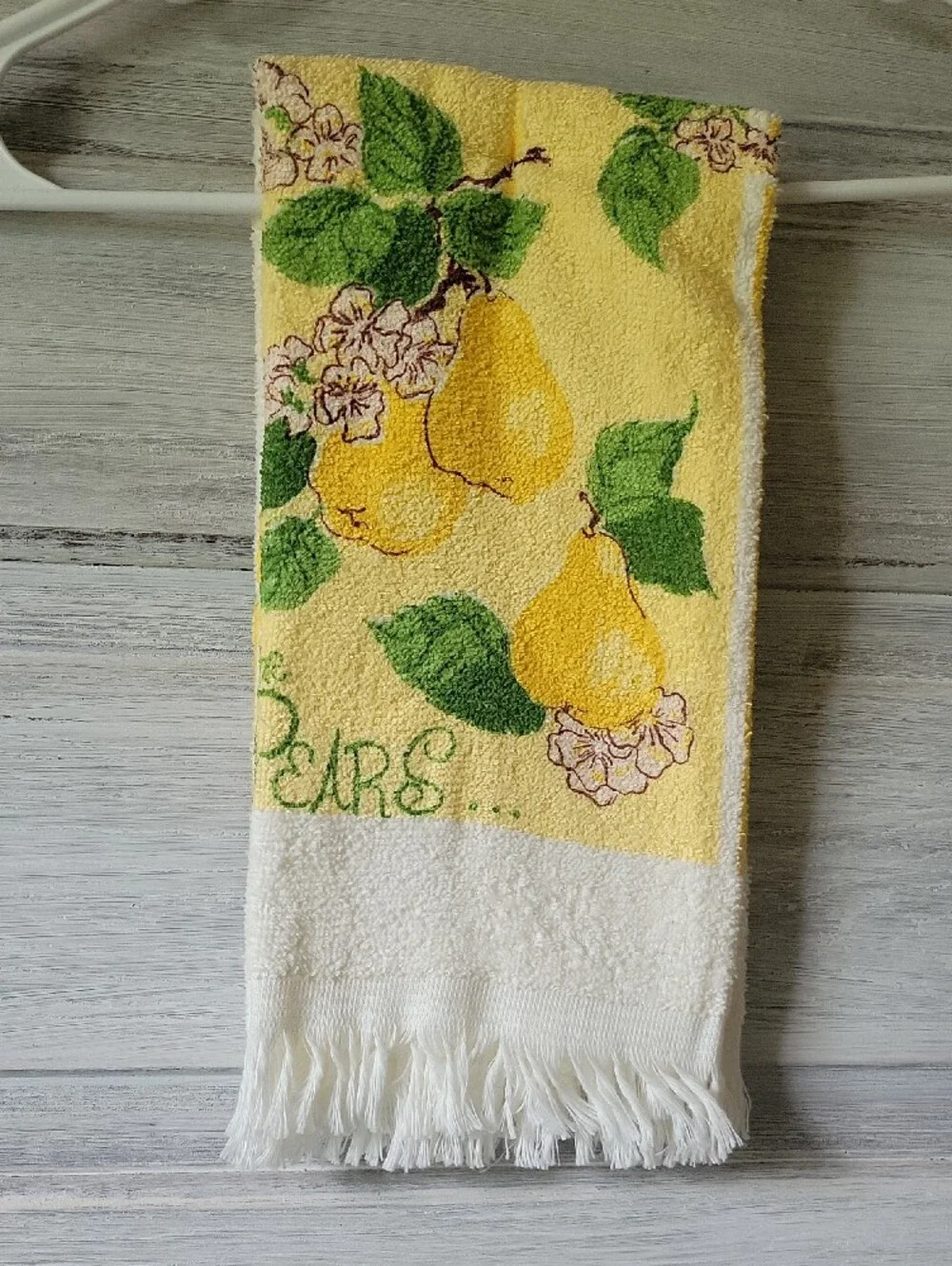 Vintage 1970s Zayre Terry Cloth Kitchen Towel  Fringed Yellow Apples Pears Retro